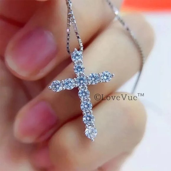 4mm Diamond Brilliant Cut Cross Pendant Necklace - Picture 3 of 17
